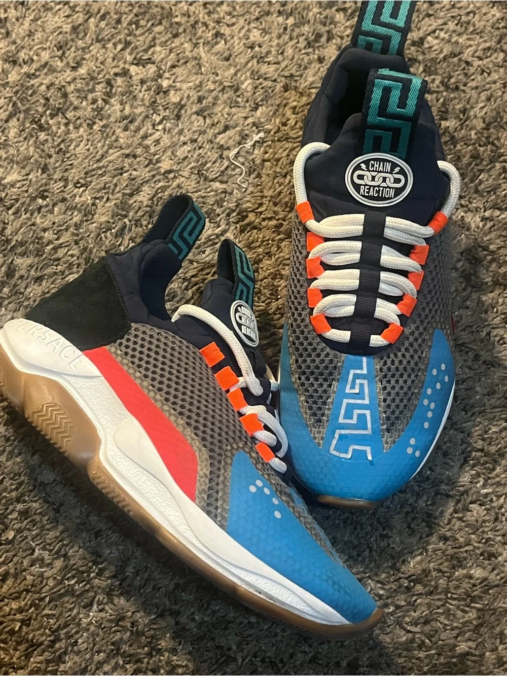 Versace Men’s Chain Reaction Sneakers in Blue, Gray & Red with Teal Accents